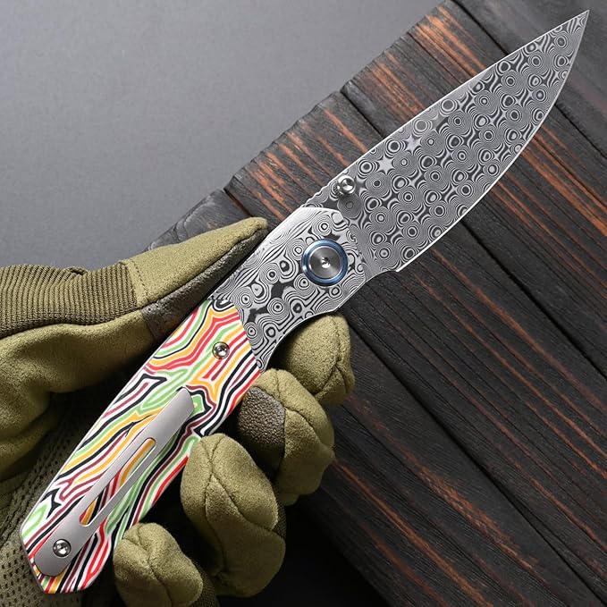 Sitivien ST271 Damascus Steel Blade Folding Knife Damascus &amp Colorful G10 Handle with Ball Bearing for Men Women Outdoor Camping Hiking Fishing(Color)