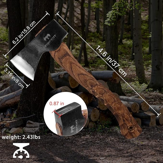 14.6 Hatchet Camping Axe with Sheath Bushcraft Hatchet with 1065 Carbon Steel and Beech Handle – Hand-Forged Axe for Outdoor Survival and Adventures