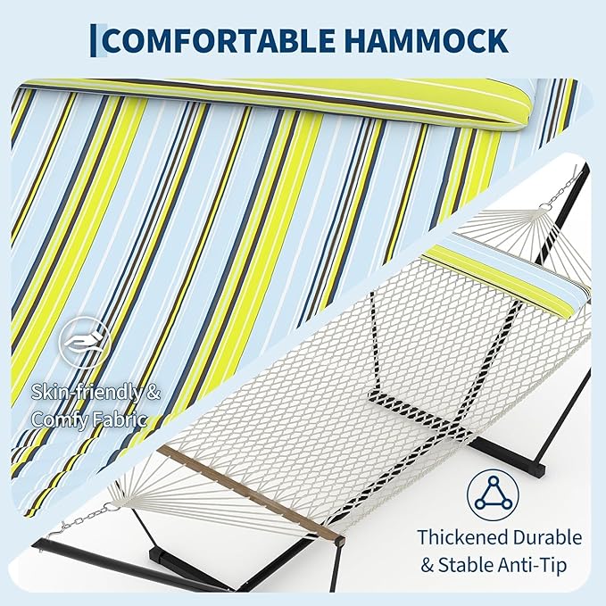PeakPursuit 2 Person Outdoor Hammock with Stand Two Person Cotton Rope Hammock with Polyester Pad Heavy Duty Hammock with Soft Pillow Balance Ropes for Patio Backyard Garden Beach Blue