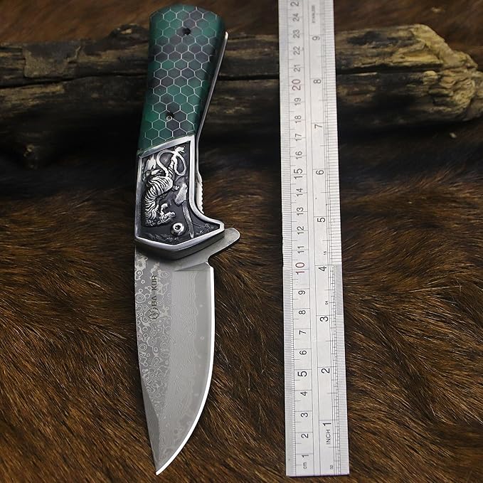 BA-KOR B21A Devil Tiger (XL) 248mm Damascus pocket knife featuring stainless steel and resin aluminum honeycomb-pattern handle &amp(5.9IN) cerium igniter suitable for both men and women as a campin