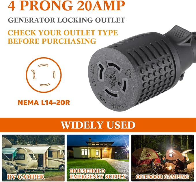 Tellegloww 15 ft 20 Amp Generator Extension Cord Compatible with NEMA L14-20P Male Plug to L14-20R Female Receptacle 4 Prong Twist Locking Generator Power Cord STW 4x12 Gauge 250 Volt 5000 Watts