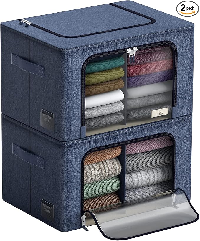 Sorbus Storage Bins with Divided Interior - Large Stackable &amp Foldable Organizer Containers with Metal Frame Oxford Fabric Large Window &amp Carry Handles - Organization for Bedroom Linens &am