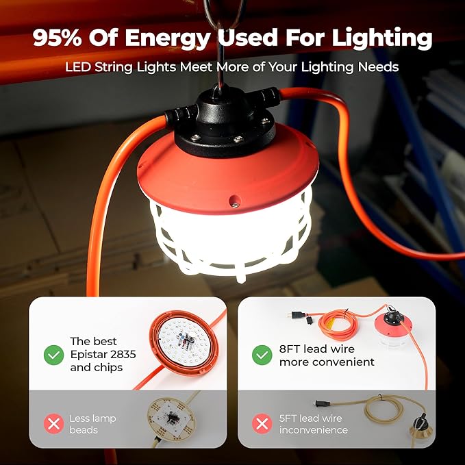 100FT Construction String Lights:150W 21000LM Linkable Super Bright LED String Work Lights for Construction Sites Temporary Work Jobsite IP65 Waterproof 18AWG Wire Work Light with Cage