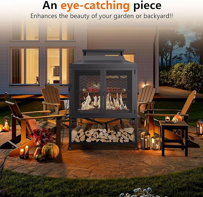 2-in-1 Metal Chiminea Fireplace with GrillWood Burning Outdoor Fireplace with Wood Storage ChimneyMetal Mesh Spark Screenand Fire Tongs Ideal for YardsPatios GardensCampingand Picnics