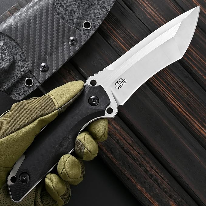 Sitivien ST32 Fixed Blade Knife AUS-10 Steel Ergonomic Carbon Fiber Handle Full Tang Knife for Outdoor Working Camping Hunting Fishing(Silver)
