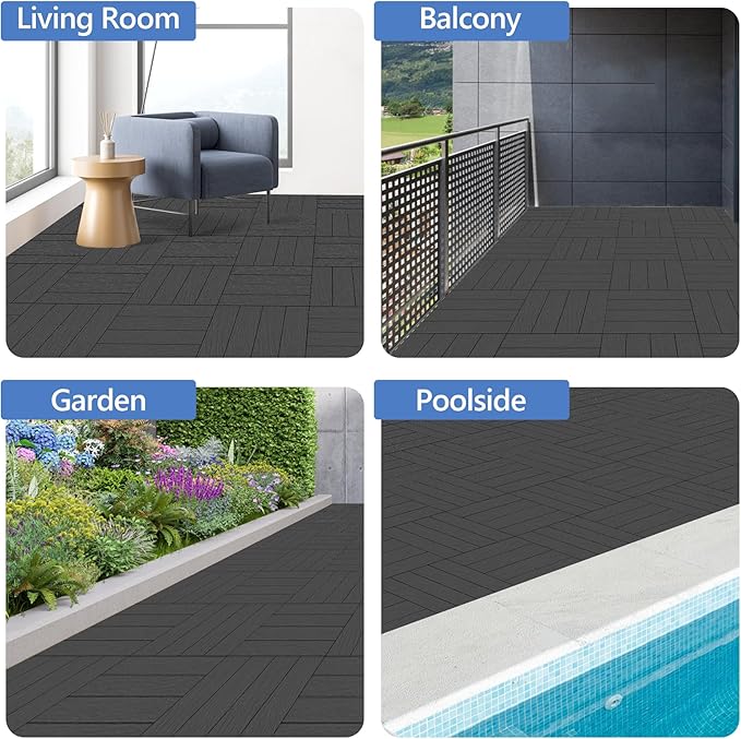 MYFAMIREA 27 Pcs Plastic Interlocking Deck Tiles 12 x 12 Patio Floor Decking Tiles Indoor Outdoor Waterproof Non-Slip Flooring Tile All Weather Use for Balcony Backyard Porch Poolside Dark Grey