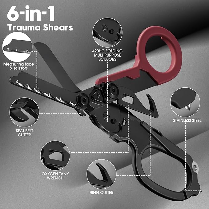 6-in-1 Heavy-Duty Emergencytrauma shears Folding Retractable Emergency Shears Outdoor Camping Tools Seat Belt Cutter Complimentary Adjustable Wrench (Electroplated black and red)