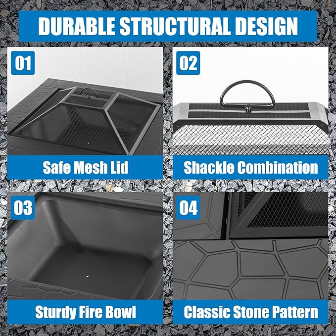 Panovue Multifunctional Fire Pit Table 32 inch Square Metal Firepit Stove Backyard Patio Garden Fireplace for Camping Outdoor Heating Bonfire and Picnic