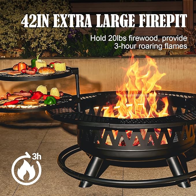 42 Inch Fire Pit with 2 Grills Large Outdoor Firepits for Outside Wood Burning Fireplace for CampingPicnicBonfire 3-in-1 Round Metal Table with Lid for BackyardPatioParty
