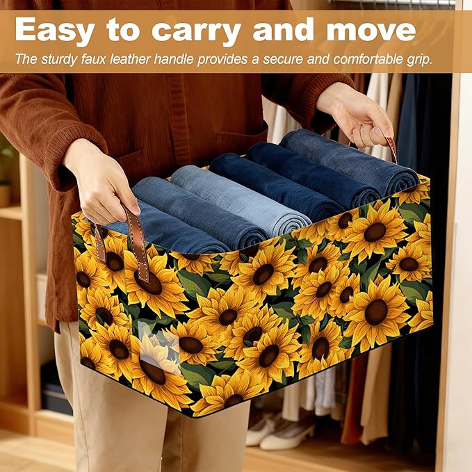 32L Large Storage Bins with Handles Basket Organizer for Shelves Closet Books Laundry &amp Home Decor (Field Sunflower)
