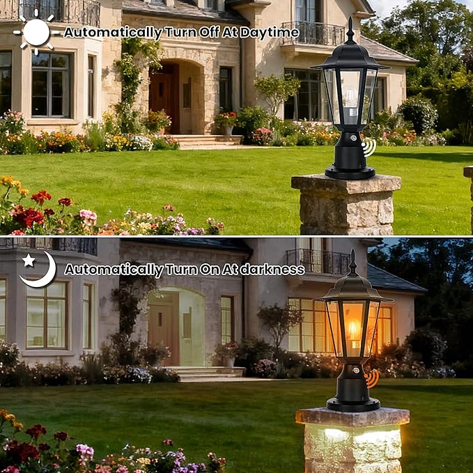 15 Dusk to Dawn Outdoor Post Light Modern Black Outdoor Lamp Post Light Fixture Lamp Posts Exterior Lighting Pole Lantern for Outside Porch Garage Street Waterproof Aluminum &amp Glass 1 Pack E