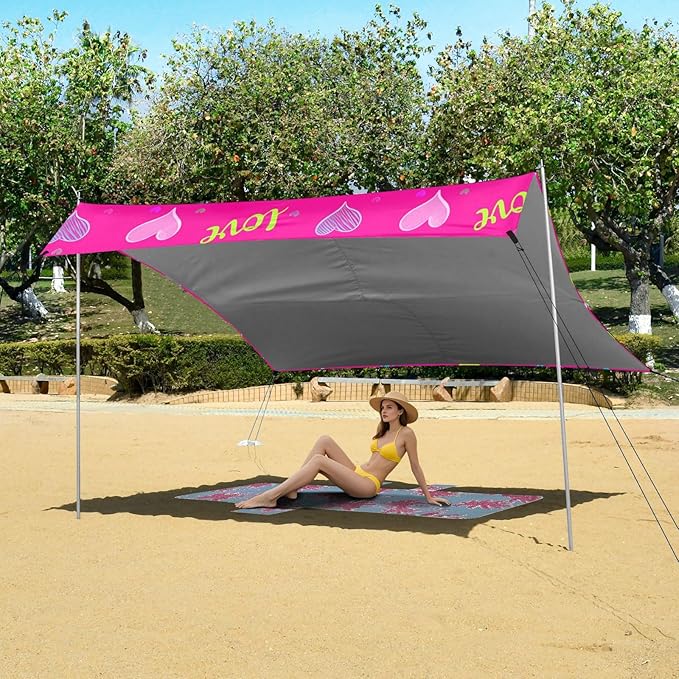 Beach Canopy with Windproof Ropes &amp Sandbags Beach Tent Sun Shade Sun Shelter for Camping Trips Fishing Backyard Fun or Picnics Hearts
