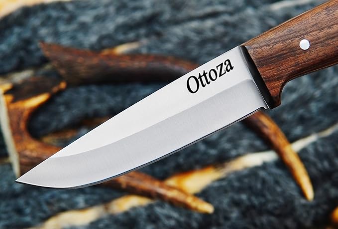 Ottoza Full Tang Bushcraft Knife with 1095 Carbon Steel Fixed Blade - Survival and Outdoor Camping Knife - Black Cross Draw Sheath and Walnut Wood Handle 397