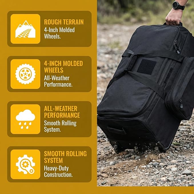 Military Wheeled Deployment Bag Large Tactical Heavy Duty Duffel Bag for Camping Hiking (Black)