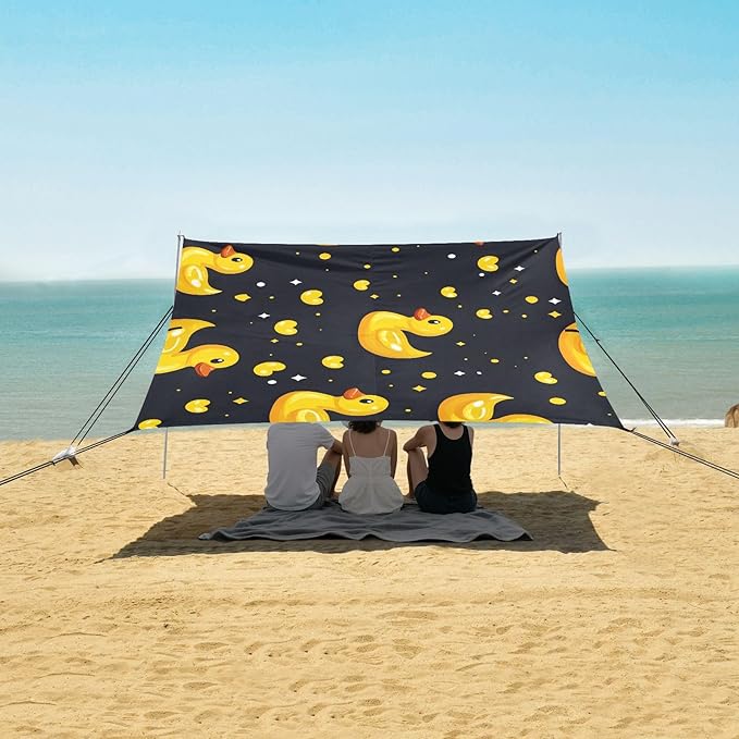 ALAZA Yellow Duck Heart Beach Tent Sun Shelter UPF50+ Protection Beach Shade Canopy w/ 4 Sandbags for Outdoor Camping Fishing Backyard Fun Picnic 10x9 ft