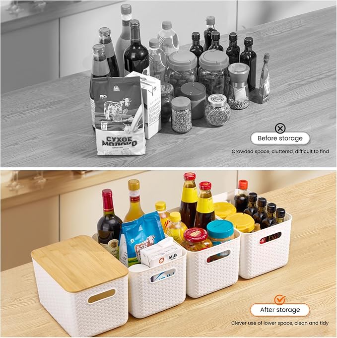 Ohmlove 4 Packs Storage Bins with Bamboo Lids - Plastic Storage Containers with Lids Stackable Storage Box：Storages Baskets for Organizing Desktop Closet Playroom Classroom OfficeWhite