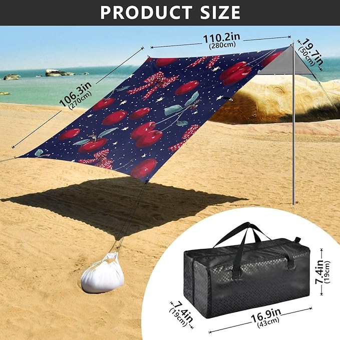 ALAZA Polka Dot Bow Cherry Pattern Beach Tent Sun Shelter Portable Canopy Sunshade for Outdoor Camping Picnics Backyard Fun 10x9 ft