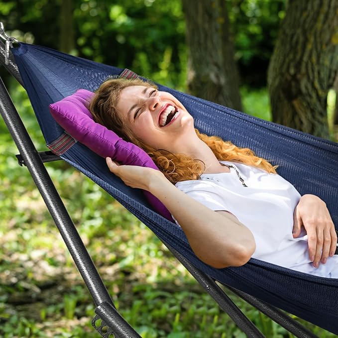 Tranquillo Universal Double Hammock with Stand Included for 2 Persons/Foldable Hammock Stand 600 lbs Capacity Portable Case - Inhouse Outdoor Camping Aegean