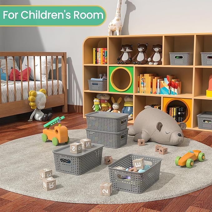Plastic Storage Baskets with Lid-Plastic Storage Containers Stackable Storage bins: Storage Baskets for Organizing Shelves Drawers Desktop Closet Playroom Classroom Office8 Pack-Gray10.2x7.2x4.1Inch