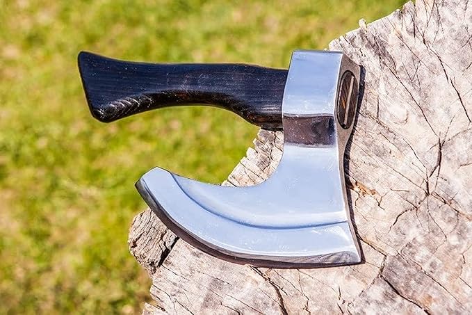 AXE015AM FS Crafts 9.00 Custom Handmade Viking Axe Fist Axe (Palm-Sized) Hand Forged Carbon Steel Hunting Axe Hatchet with Leather Sheath Ragnar Black Handle Outdoors Fishing Camping Knife