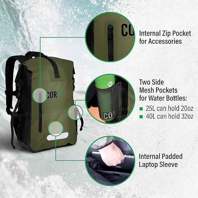 COR Surf Waterproof Dry Bag Backpack with Padded Laptop Sleeve 25L &amp 40L Heavy Duty Roll-Top Pack (Camo 25L)