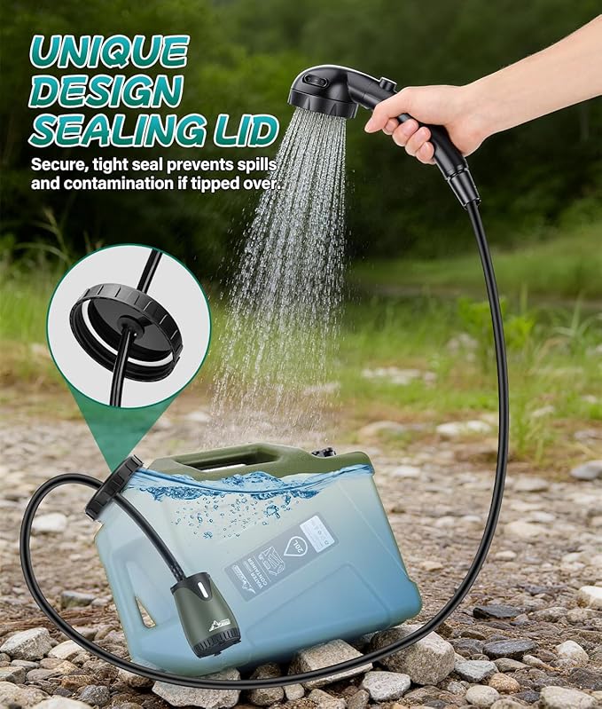 2026 Portable Shower for Camping with 5-Gallon Water Jug Rechargeable Camping Shower Food Grade Material Water Containers for Fruit &amp Vegetables Wash Integrate Design for Outdoors Hiking