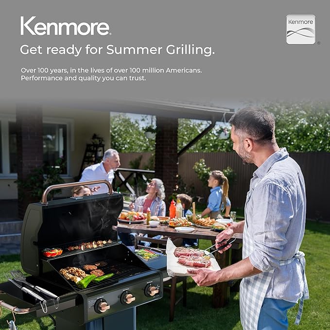 Kenmore 3-Burner Gas Grill | Foldable Side Tables Cast Iron Cooking Grates Warming Rack Hooks for BBQ Grilling Tools Propane Gas Barbecue Grill 30000 BTUs Black with Copper Accent