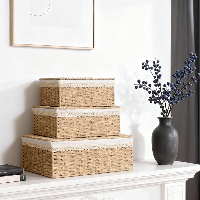Nonam Large Basket with Lid set of 3 Rattan Divided Baskets Organizer for Shelf Natural Wicker Storage Basket Bins for Closet Boho Shelf Decor Covered Basket Home Storage Container