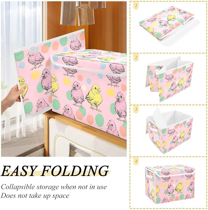 Cartoon Chicken Storage Cube Bins Basket with Lid Collapsible Flip-top Fabric with Handle for Home Bedroom Closet Office 16.5×12.6×11.8 in