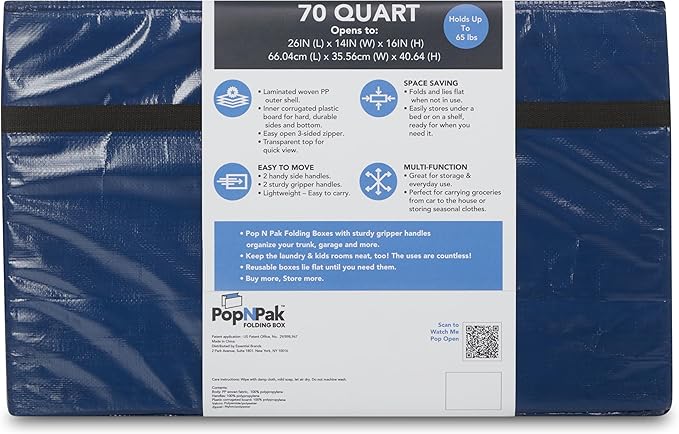 2 - Pack Pop N Pak Collapsible Storage Box Black 70 Quart Capacity 26x14x16 Inches Folding Design Holds up to 65lbs Water resistant Reusable Container (Navy)