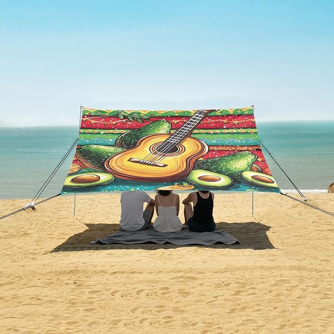 Mexican Style Cinco De Mayo Guitar Avocados Foldable Beach Cabana UPF50+ Easy Setup Large Portable Sun Shelter with Sandbags and Shovel for Camping Picnics Backyard