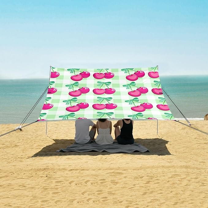 xigua Cherry Beach Tent Sun Shelter with Carrying Bag - Silver Coated Oxford Fabric Beach Canopy for Beach Camping Fishing - Includes Windproof Ropes Sandbags &amp Stakes