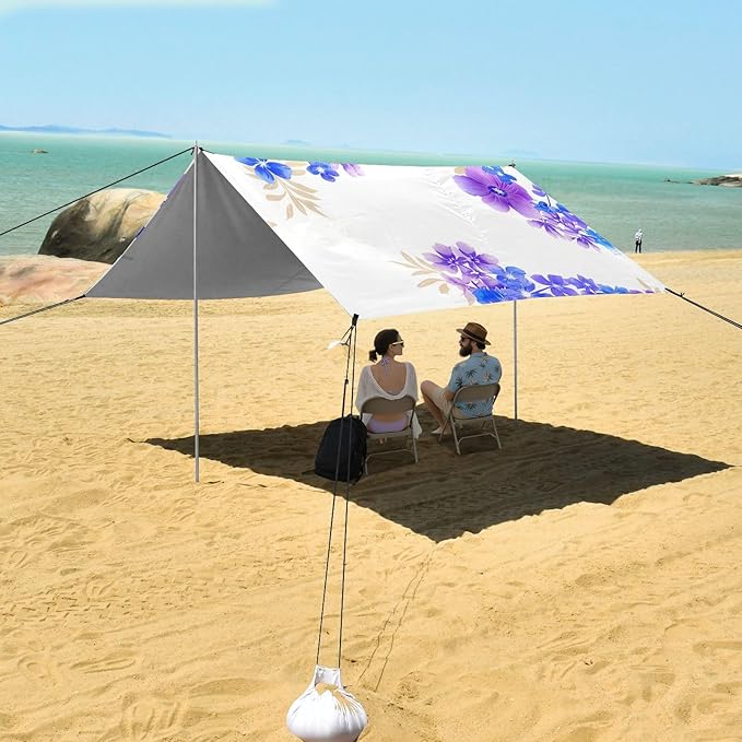 Beach Canopy with Windproof Ropes &amp Sandbags Beach Tent Sun Shade Sun Shelter for Camping Trips Fishing Backyard Fun or Picnics Purple Flowers