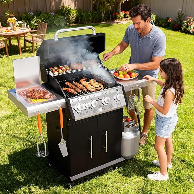 SKOK 4 Burner Propane Gas Grill with Infrared Side and Rear Burners Outdoor BBQ Grill with Cast Iron Grates Barbecue Grill with Wheels 60000BTU Output