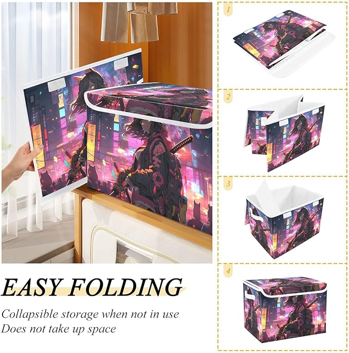 Woman Anime Street Large Storage Bins with Linen Foldable Storage Box Fabric Organizer Bin with Flip-Top Lid for Home Office 16.5 x 12.6 x 11.8 Inch