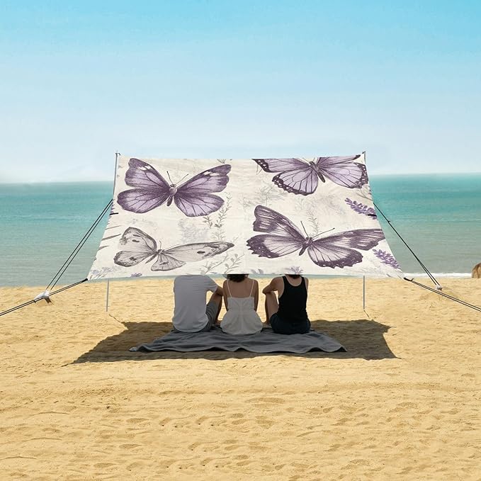 ALAZA Retro Lavender Butterflies Beach Tent Sun Shelter Portable Canopy Sunshade for Outdoor Camping Picnics Backyard Fun 10x9 ft