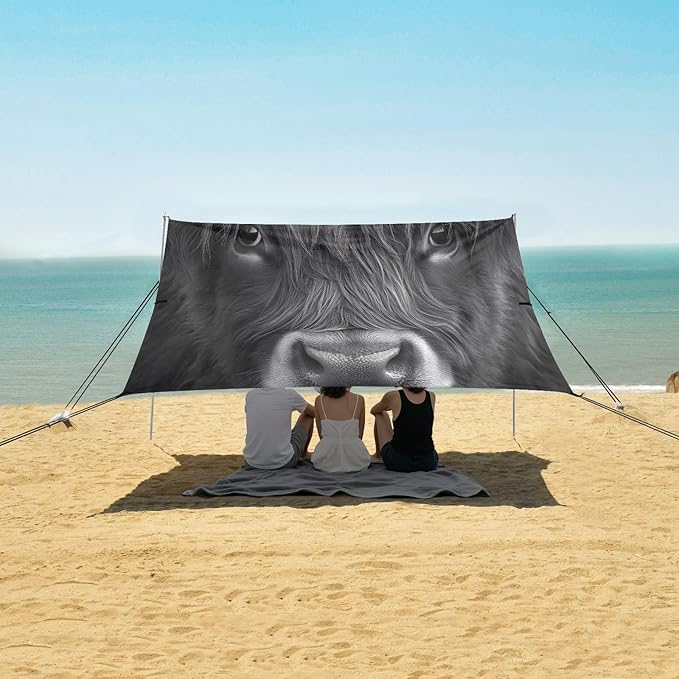 Highland Cattle Staring Beach Tent Sun Shelter Set UPF50+ UV Protection 10.5 x 9.19 FT Camping Shade Canopy with Sandbags Sand Anchors Carrying Bag and Others