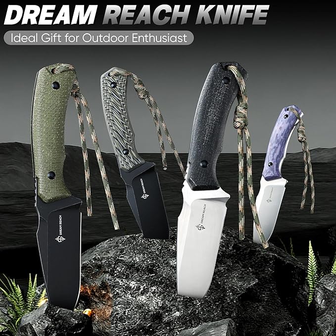 Dream Reach Fixed Blade Knife - D2 Steel Tactical Knife with Ergonomic Full Tang Handle and Kydex Sheath for Outdoor Camping Survival Gift for Men Women Black