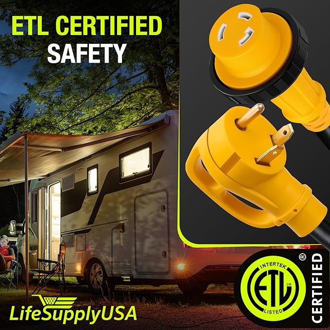 50ft RV Extension Cord 30 AMP (TT-30P/L5-30R) with Twist-Lock Connector and Grip Handle Hook and Loop Strap - STW 10/3 AWG 125 Volt - Heavy Duty - by LifeSupplyUSA