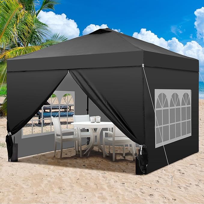 GDY 12x12 Pop Up Canopy Tent with 4 Sidewalls Easy Set up with One Push Lift Gazebo with Wheel Bag and4 SandbagsCarpas for Events PartiesCamping Black.