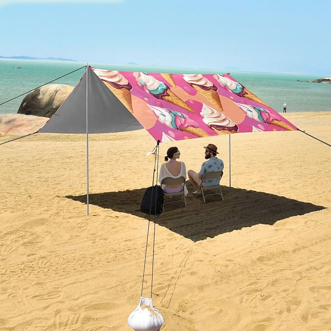 ALAZA Ice Cream Pink Background Pattern Beach Tent Sun Shelter Portable Canopy Sunshade for Outdoor Camping Picnics Backyard Fun 10x9 ft
