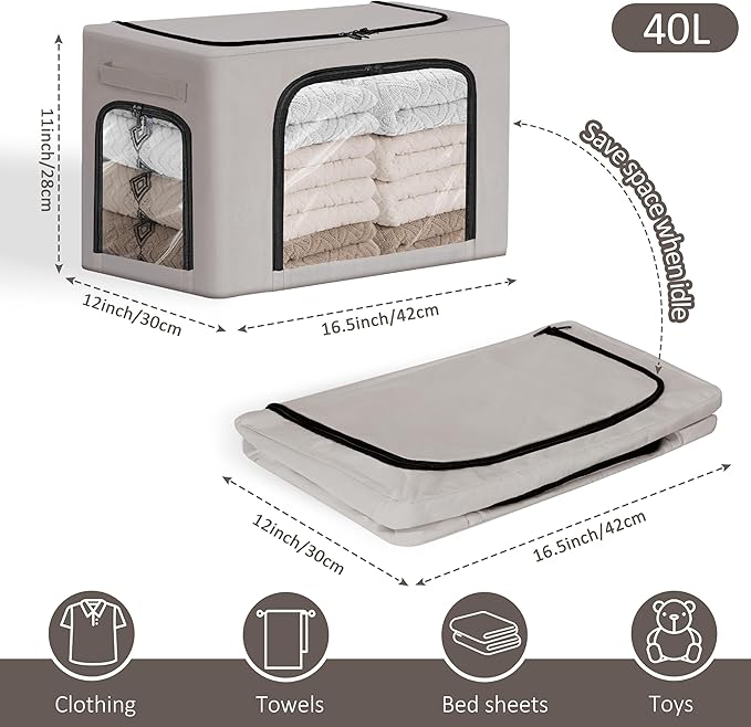 GuliPostan 3 Pack 40L Stackable Clothes Storage Bins with Metal Frame Handles &amp Zipper Collapsible Closet Organizer Box with Lid for Bedding Blankets Towel (Light Grey)