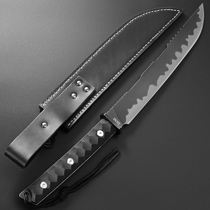 Gtkii GTK38 Fixed Blade Knife DC53 Steel Blade Full Tang Nylon Fiberglass Handle Samurai Style Fix Knifes for Outdoor Camping Hunting Collection with Leather Sheath(Black)