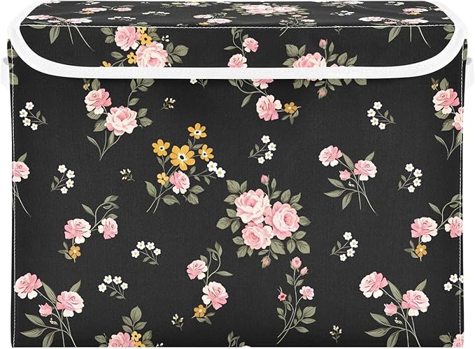 senya Flower Baskets Collapsible Storage Bins with Lids Purple Green Rose Flower Storage Boxes Clothes Baskets for Organizing