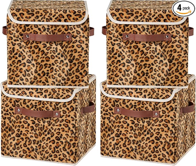 4PCS Storage Cubes with Flip-top Lid 11 Inch Leopard Print Velvet Fabric Cute Decorative Storage Bins Boxes PU Leather Handles Closet Organizer Container Foldable Washable Shelf Basket