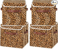 4PCS Storage Cubes with Flip-top Lid 11 Inch Leopard Print Velvet Fabric Cute Decorative Storage Bins Boxes PU Leather Handles Closet Organizer Container Foldable Washable Shelf Basket
