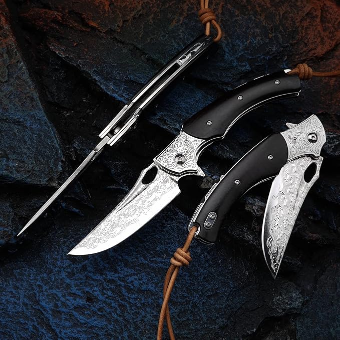 3.5 inch Japanese VG10 Damascus Steel Outdoor Folding Knife with Black Wood Handle Lined Lock EDC &amp Camping Use