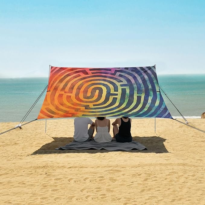 Dynamic Swirl Art Beach Cabana UPF50+ Protection Easy Setup Large Sun Shelter with Sandbags &amp Sand Shovel for Family Trips Picnics &amp Camping