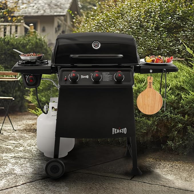 Feasto 3 Burner Propane Gas Grill with Side Burner Porcelain-Enamel Main Body and Lid Propane BBQ Grill with 38000 BTUs Output &amp Side Table for Patio Backyard Poolside Gatherings