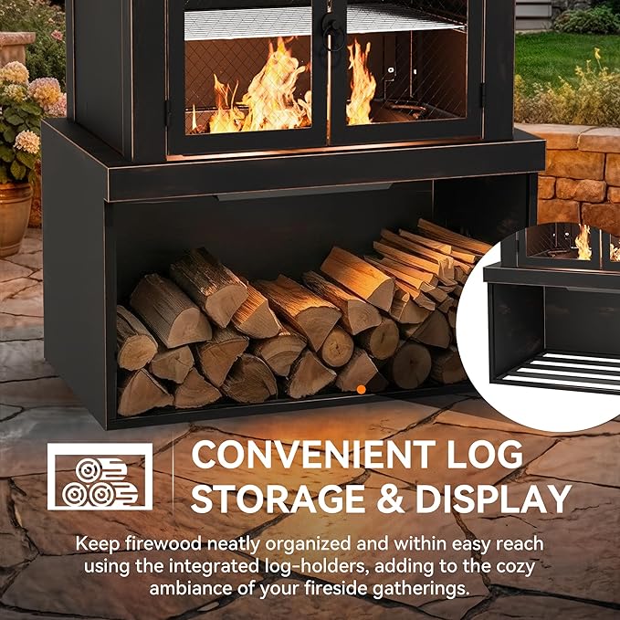 31.5 Outdoor Wood Fireplace with Chimney and Wood Storage Fireplace with Fire Pocker BBQ Grill &amp Gloves Outside Removable Fire Pit for Patio Garden and Deck Black